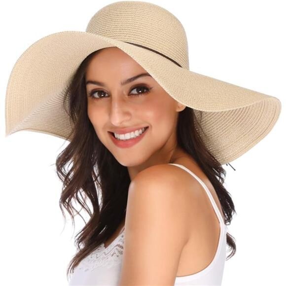 Womens Wide Brim Straw Hat Big Floppy Foldable Roll up Cap Beach Sun Hat UPF 50+ main image 7